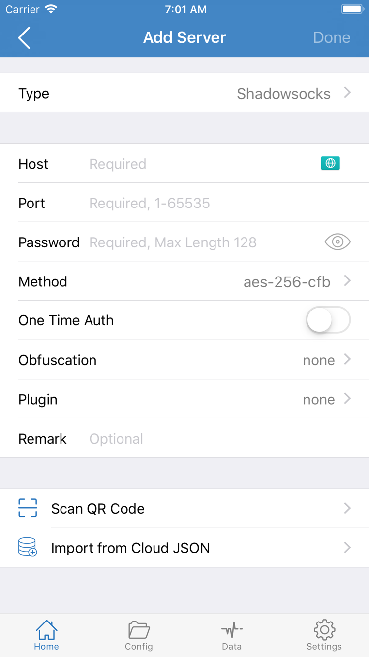 Shadowrocket 的 Add Server 頁面，顯示 Type、Host、Port、Password、Method 與底部的匯入入口