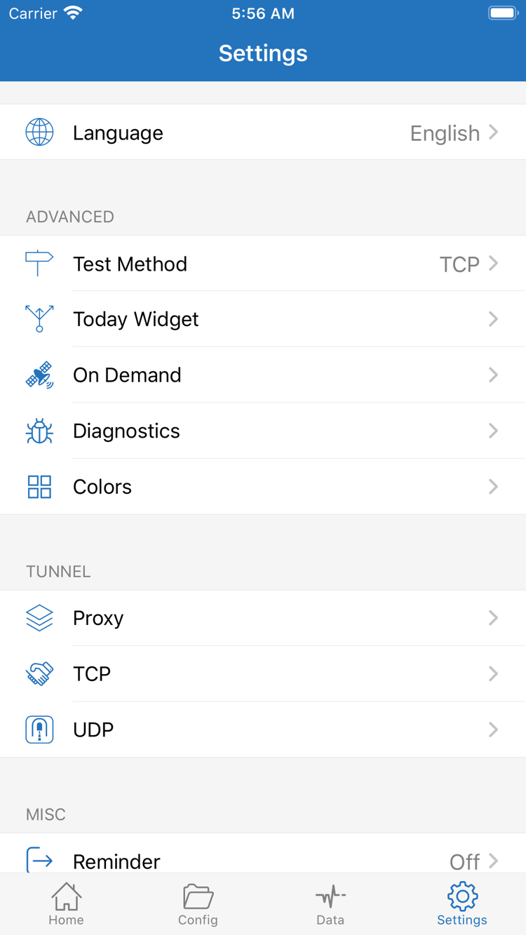 Shadowrocket 的 Settings 頁面，顯示 Language、Test Method、Today Widget、On Demand、Diagnostics、Proxy、TCP 與 UDP