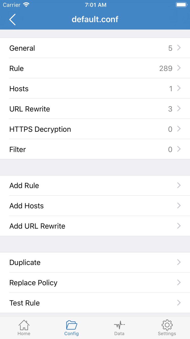 Shadowrocket 的 Config 設定編輯頁面，顯示 General、Rule、Hosts、URL Rewrite、HTTPS Decryption 與 Add Rule