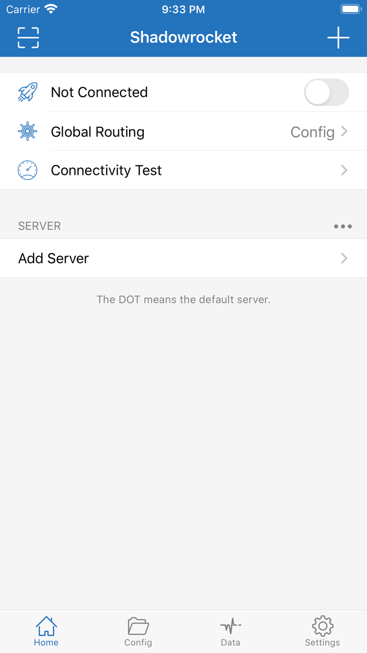 Shadowrocket 的 Home 頁面，頂端顯示 Not Connected 開關、Global Routing 與 Connectivity Test，下方為 SERVER 和 Add Server